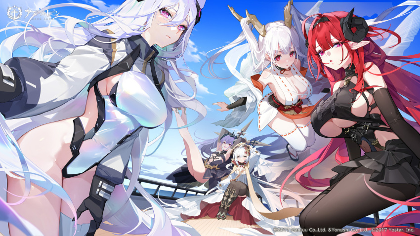 5girls absurdres armpits ass azur_lane bare_shoulders black_gloves black_pantyhose black_thighhighs blue_sky breasts cleavage closed_mouth cloud cloudy_sky covered_navel elbow_gloves felix_schultz_(azur_lane) flandre_(azur_lane) floating_hair gloves green_eyes hair_between_eyes highleg highleg_leotard highres hindenburg_(azur_lane) horns kearsarge_(azur_lane) leotard long_bangs long_hair looking_at_viewer multiple_girls official_art pantyhose parted_lips pink_eyes purple_eyes red_eyes shimanto_(azur_lane) sideboob sitting sky smile standing thighhighs thighs white_hair white_leotard white_thighhighs world_of_warships