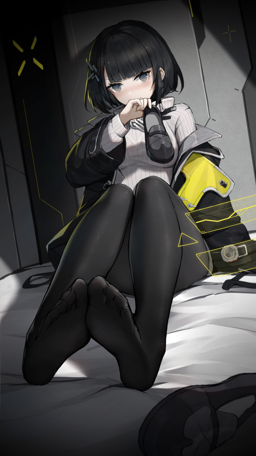 1girl absurdres arknights arknights:_endfield black_eyes black_hair black_jacket black_pantyhose coat endministrator_(arknights) feet female_endministrator_(arknights) highres holding holding_shoes hood hooded_coat jacket layered_sleeves looking_at_viewer open_clothes open_coat open_jacket outline pantyhose ribbed_sweater shoes short_hair soles sweater white_sweater wo_you_yibei_jia_wanli yellow_outline