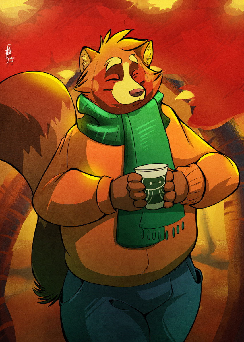 2017 5_fingers anthro autumn big_tail blue_bottomwear blue_clothing blue_pants bottomwear brown_body brown_ears brown_fur brown_hands brown_markings brown_nose canid canine clothing coat container cup detailed_background digital_media_(artwork) disposable_cup donryu eyebrows facial_markings fingers fluffy fluffy_eyebrows fluffy_tail fur green_scarf head_markings head_tuft hi_res male mammal marcus_fukuyama markings neck_tuft orange_clothing orange_coat orange_topwear overweight overweight_anthro overweight_male pants plant raccoon_dog ring_(marking) scarf smile snout snout_markings solo tail tan_body tan_eyebrows tan_fur tan_inner_ear tan_markings tanuki topwear tree tuft