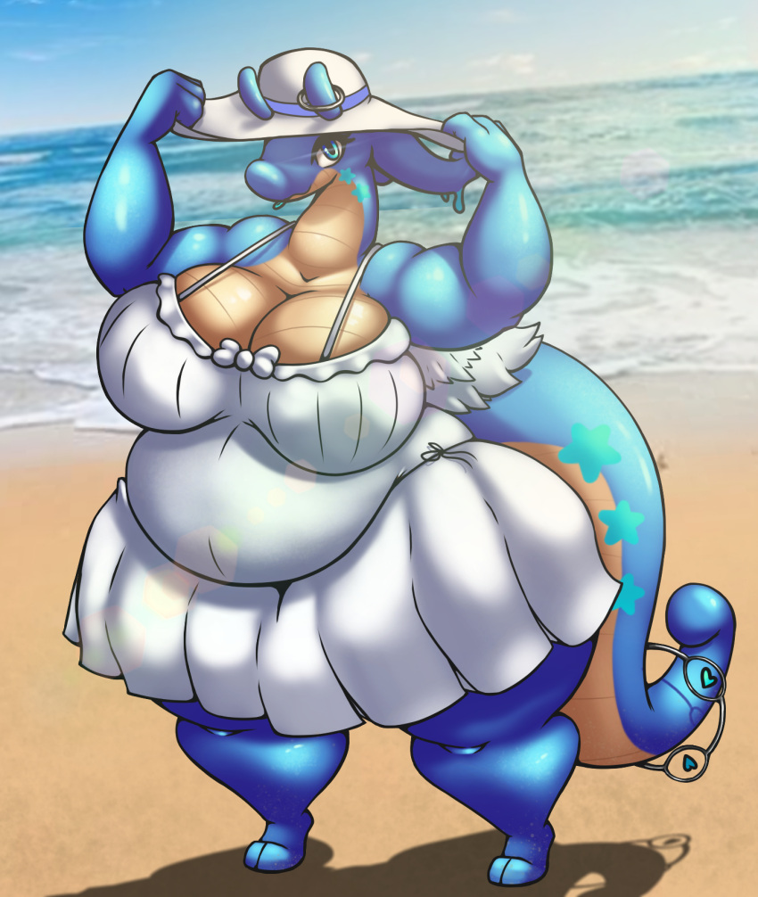 &lt;3 2_toes anthro beach belly big_breasts blue_body blue_eyes breasts clothed clothing dragon dress eyelashes feathered_wings feathers feet female generation_6_pokemon goo_creature goodra hat headgear headwear hi_res high-angle_view holding_clothing holding_hat holding_headgear holding_headwear holding_object looking_at_viewer nintendo overweight overweight_female pokemon pokemon_(species) ring sea seaside sky solo star summer summer_dress summer_hat thick_thighs toes water white_clothing white_dress wings z_dragon