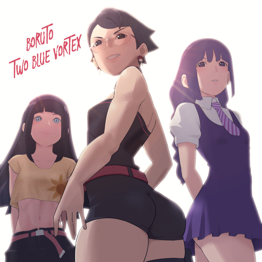 3girls animal_ears arms_behind_back ass black_hair black_shirt black_shorts blue_eyes boruto:_two_blue_vortex copyright_name cropped_shirt dress eeshin_(eishin5584) facial_mark glasses highres kakei_sumire multiple_girls navel necktie purple_dress purple_eyes purple_hair shirt shorts sleeveless sleeveless_shirt strapless strapless_shirt sun_print uchiha_sarada uchiha_symbol uzumaki_himawari whisker_markings yellow_shirt