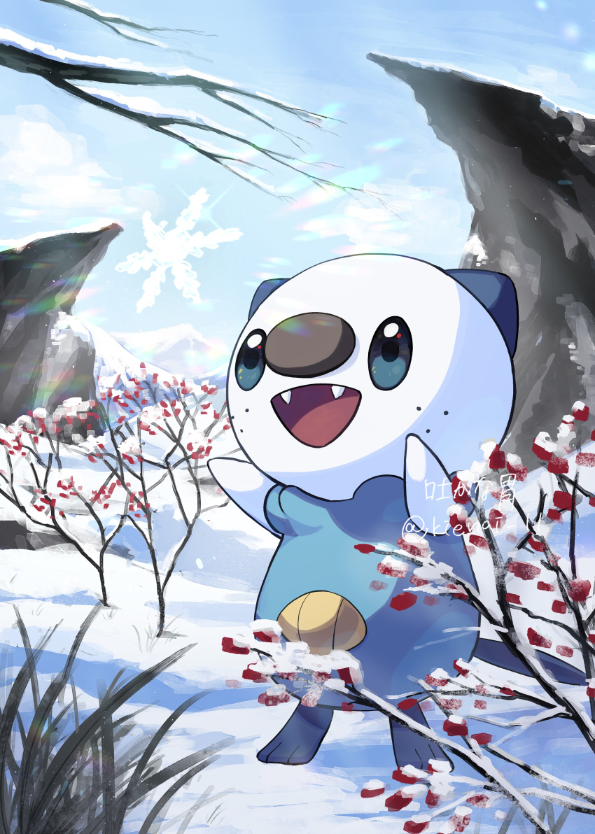 :d absurdres commentary day fangs highres kienai_11 looking_up no_humans open_mouth oshawott outdoors pokemon pokemon_(creature) sky smile snow snowflakes solo standing tongue twitter_username watermark