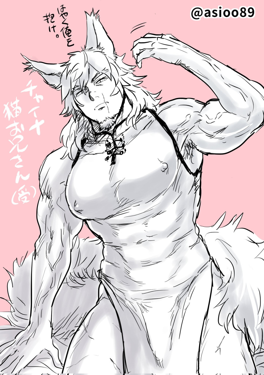 1boy animal_ear_fluff animal_ears armpit_hair armpit_peek asioo bara bare_arms bulge china_dress chinese_clothes covered_nipples dress facial_hair feet_out_of_frame forked_eyebrows fox_boy fox_ears fox_tail goatee greyscale_with_colored_background highres large_pectorals looking_at_viewer male_focus mature_male motion_lines muscular muscular_male original pectorals pelvic_curtain sleeveless solo tail thick_eyebrows thick_thighs thighs translation_request unamused