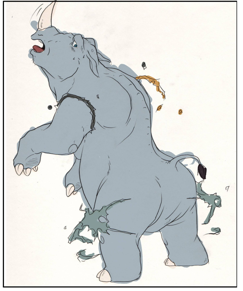 clothing feral grey_body grey_skin growth hi_res horn jumanji kuma looking_at_self looking_back male mammal nails nude open_mouth rhinoceros simple_background solo toenails tongue torn_clothing transformation unfinished white_background