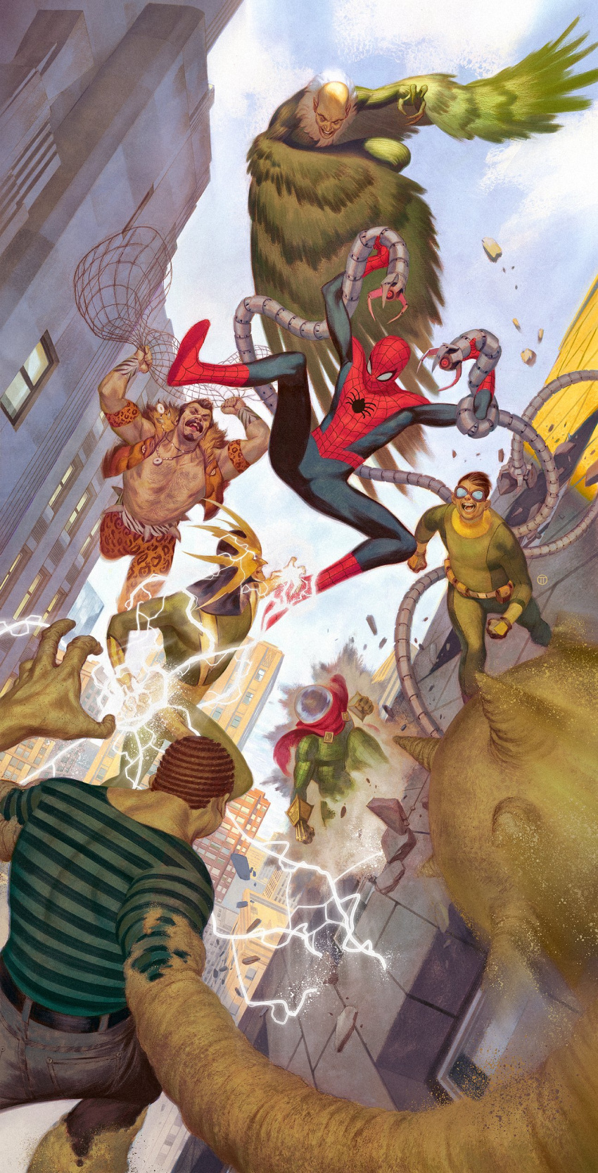 6+boys absurdres blue_sky brown_hair building city doctor_octopus electricity electro_(spider-man) electrokinesis feathered_wings goggles highres kraven_the_hunter male_focus marvel mechanical_arms multiple_boys mysterion new_year peter_parker sandman_(marvel) sky spider-man spider-man_(series) spider_web_print totinotedesco vulture_(marvel) wings
