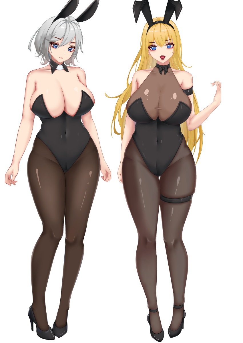 2girls absurdres alternate_costume animal_ears ankle_strap azur_lane black_footwear black_leotard black_pantyhose blonde_hair blue_eyes bodystocking breasts cameltoe center_opening chuer_722 cleavage covered_navel curvy detached_collar fake_animal_ears full_body grey_hair high_heels highleg highleg_leotard highres huge_breasts leotard long_hair looking_at_viewer makeup multiple_girls north_carolina_(azur_lane) pantyhose parted_lips playboy_bunny rabbit_ears red_lips see-through shoes short_hair simple_background standing strapless strapless_leotard thigh_gap thigh_strap undersized_breast_cup washington_(azur_lane) white_background