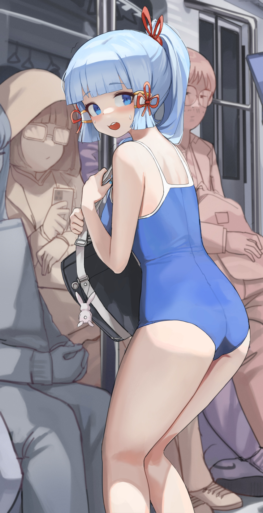 absurdres ass bag bag_charm blue_eyes blue_hair blue_nails blue_one-piece_swimsuit blush breasts charm_(object) commentary dolri from_behind genshin_impact glasses hair_ornament high_ponytail highres holding holding_phone hood hood_up indoors kamisato_ayaka kneepits leaning_forward long_hair long_sleeves looking_at_viewer looking_back nail_polish one-piece_swimsuit open_mouth phone school_bag small_breasts standing sweat swimsuit teeth thighs train_interior underbutt upper_teeth_only