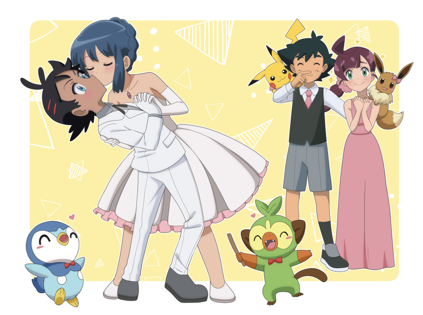 2girls absurdres blue_eyes blush chloe_(pokemon) dawn_(pokemon) goh_(pokemon) grookey highres hug kiss multiple_girls non-web_source pikachu pokemon pokemon_(anime) yellow_background