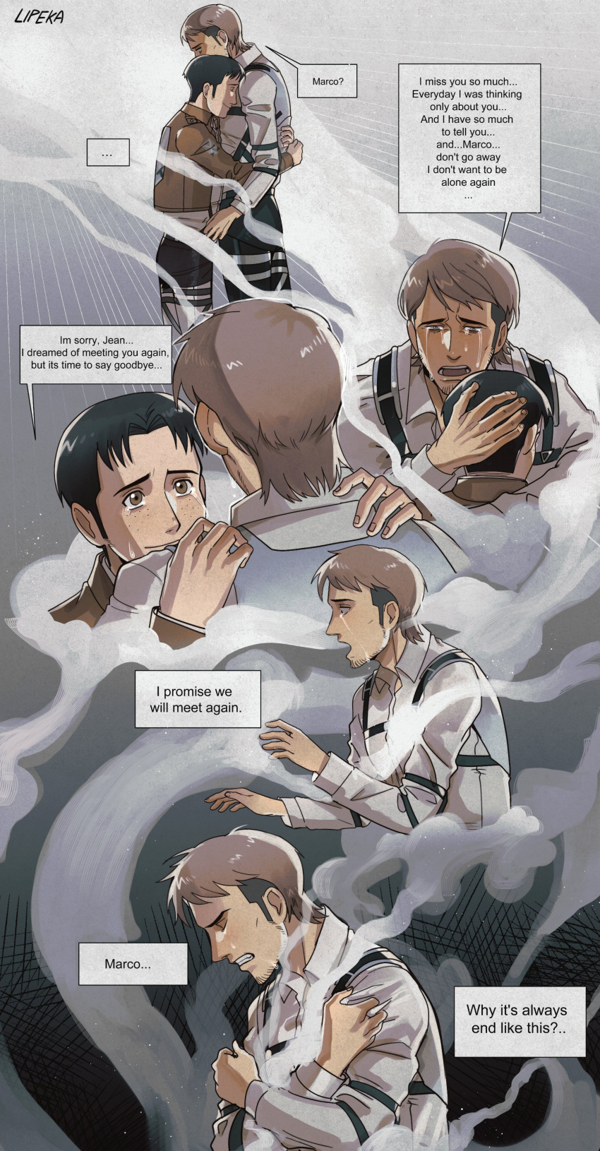 2boys absurdres black_hair collage crying crying_with_eyes_open disappear english_text freckles highres hug jean_kirchstein lipeka marco_bodt mourning multicolored_hair multiple_boys sad shingeki_no_kyojin sideburns smile spoilers steam tears two-tone_hair yaoi