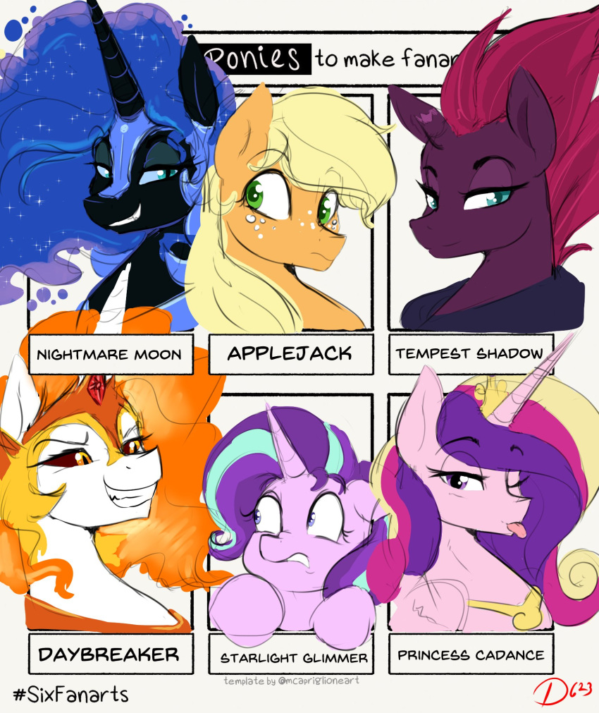 2023 applejack_(mlp) armor black_body blonde_hair blue_eyes blue_hair blue_sclera broken_horn cosmic_hair crown daybreaker_(mlp) digital_media_(artwork) earth_pony equid equine ethereal_hair eyelashes female feral fire flaming_hair folded_wings freckles friendship_is_magic green_eyes grin hair half-closed_eyes hasbro headgear headshot_portrait helmet hi_res horn horse looking_at_viewer mammal meme multicolored_hair my_little_pony my_little_pony:_the_movie_(2017) narrowed_eyes nightmare_moon_(mlp) one_eye_closed orange_body orange_hair pink_body pink_eyes pink_hair pony portrait princess_cadance_(mlp) pseudo_hair pupils purple_body purple_hair red_sclera six_fanarts_challenge smile starlight_glimmer_(mlp) tempest_shadow_(mlp) thelunarmoon tongue tongue_out unicorn white_body winged_unicorn wings wink yellow_eyes