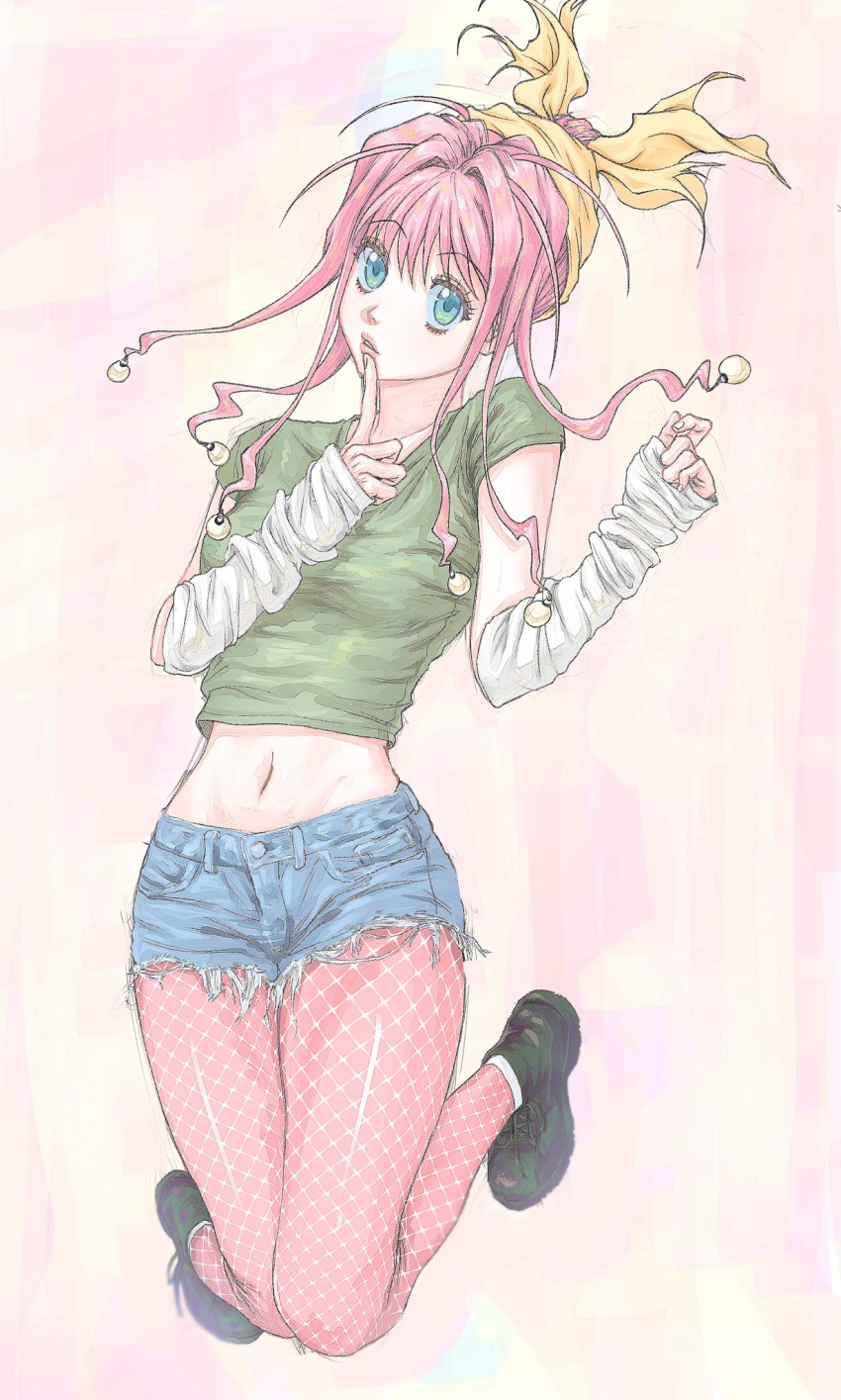 1girl blue_eyes denim denim_shorts detached_sleeves easy_sadam fishnet_thighhighs fishnets full_body green_shirt hair_ornament highres hunter_x_hunter long_hair looking_at_viewer midair midriff navel neon_nostrade pink_hair shirt short_sleeves shorts thighhighs