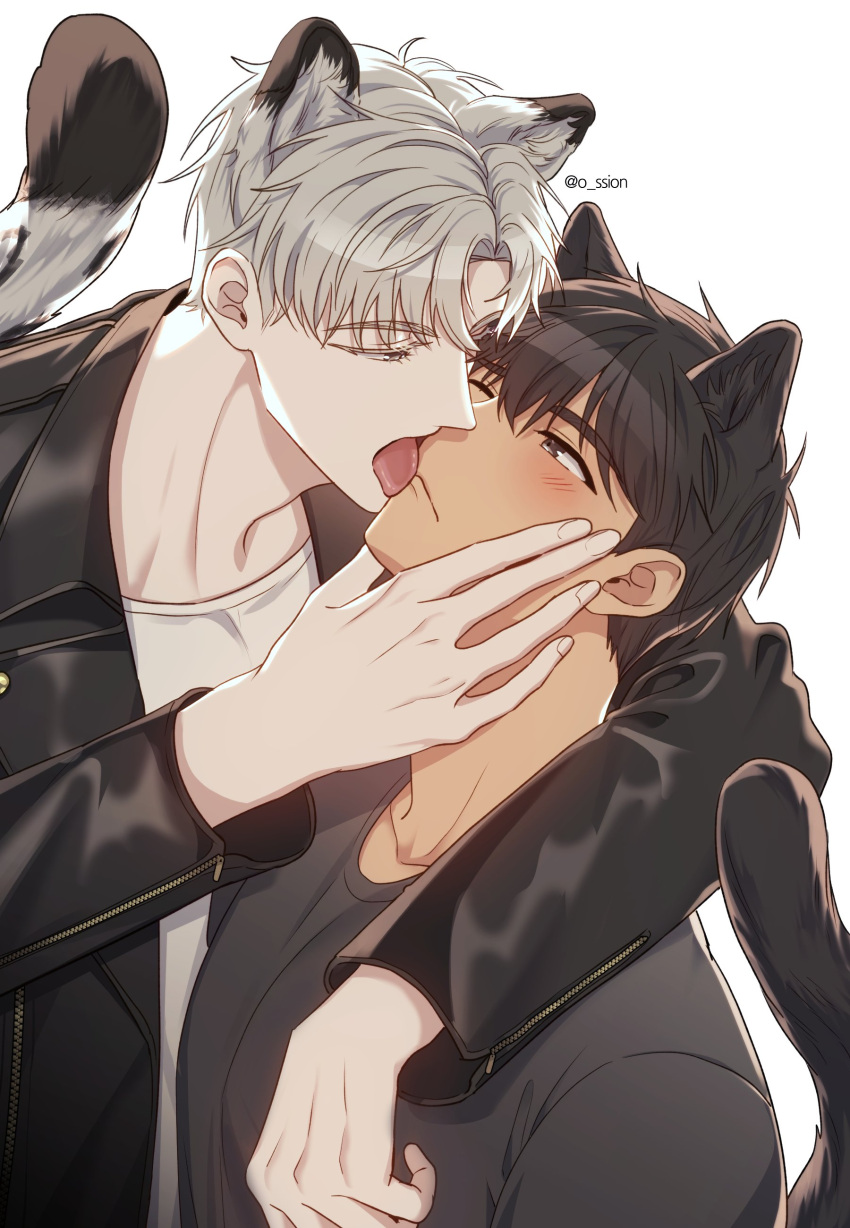 2boys absurdres animal_ears arm_hug black_hair black_shirt blush cat_ears cat_tail highres ilay_riegrow jeong_taeui licking licking_another's_face licking_another's_lips male_focus multiple_boys o_ssion one_eye_closed open_clothes passion_(manhwa) shirt simple_background tail white_background white_hair white_shirt yaoi