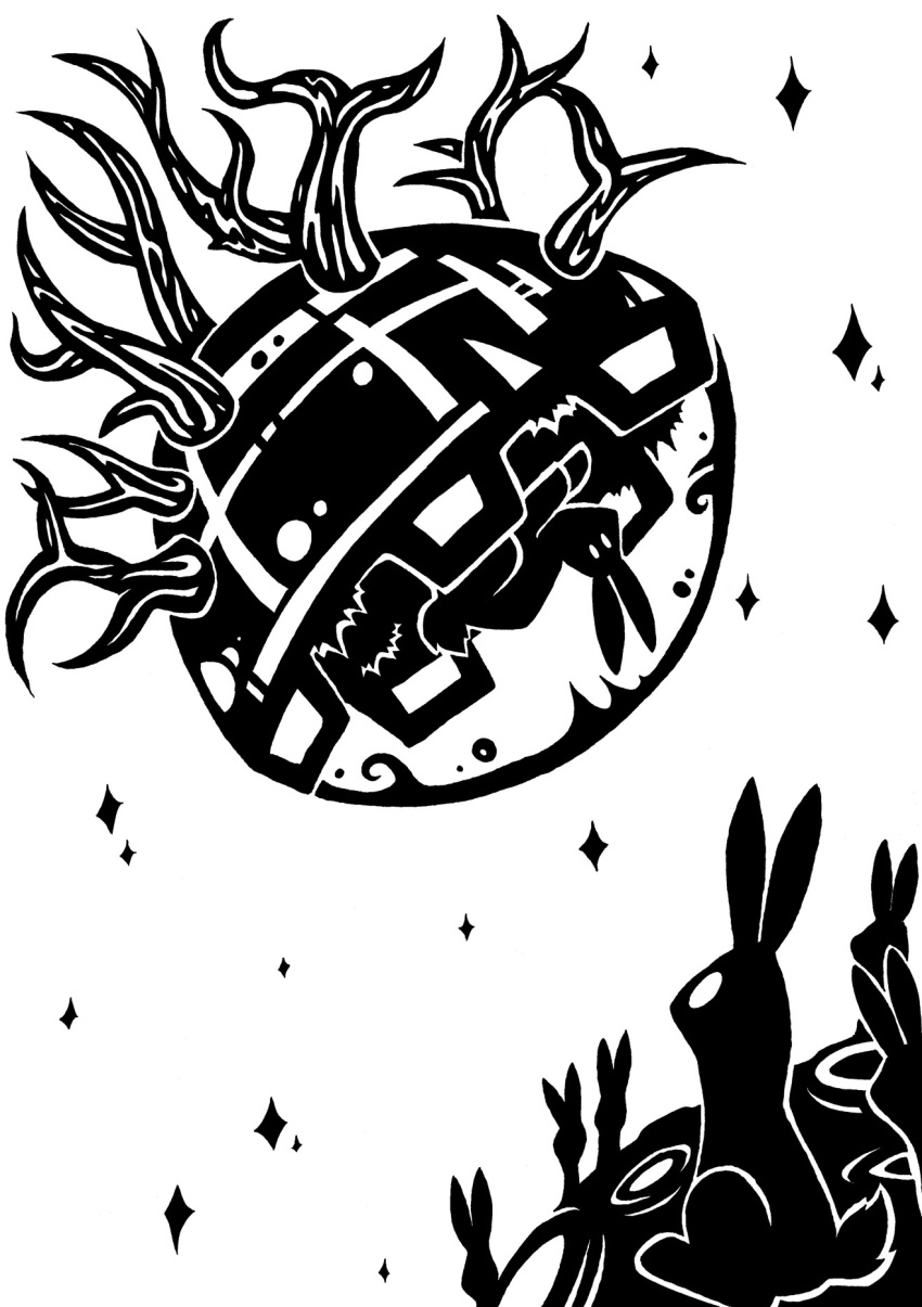 2014 ambiguous_gender black_and_white black_star cockpit crater digital_drawing_(artwork) digital_media_(artwork) ears_up european_hare feral fur glass grass group hare hi_res lagomorph leporid mammal monochrome moon plant quadruped rabbit_ears restricted_palette roots satellite science_fiction scp-1640 scp_foundation scut_tail short_tail silhouette simple_background simple_eyes sitting space star sunnyclockwork tail upside_down white_background white_sky