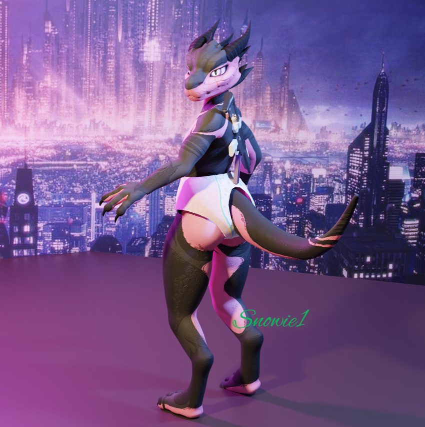 3d_(artwork) anthro blender_(software) building butt clothed clothing diaper diaper_fetish diaper_only digital_media_(artwork) dragon drakobold futuristic girly gun hi_res infantilism kobold littleforbig long_tail looking_at_viewer male muscular pose ranged_weapon snowie1_(artist) solo submachine_gun submissive tail topless travis_(kobold) weapon wearing_diaper