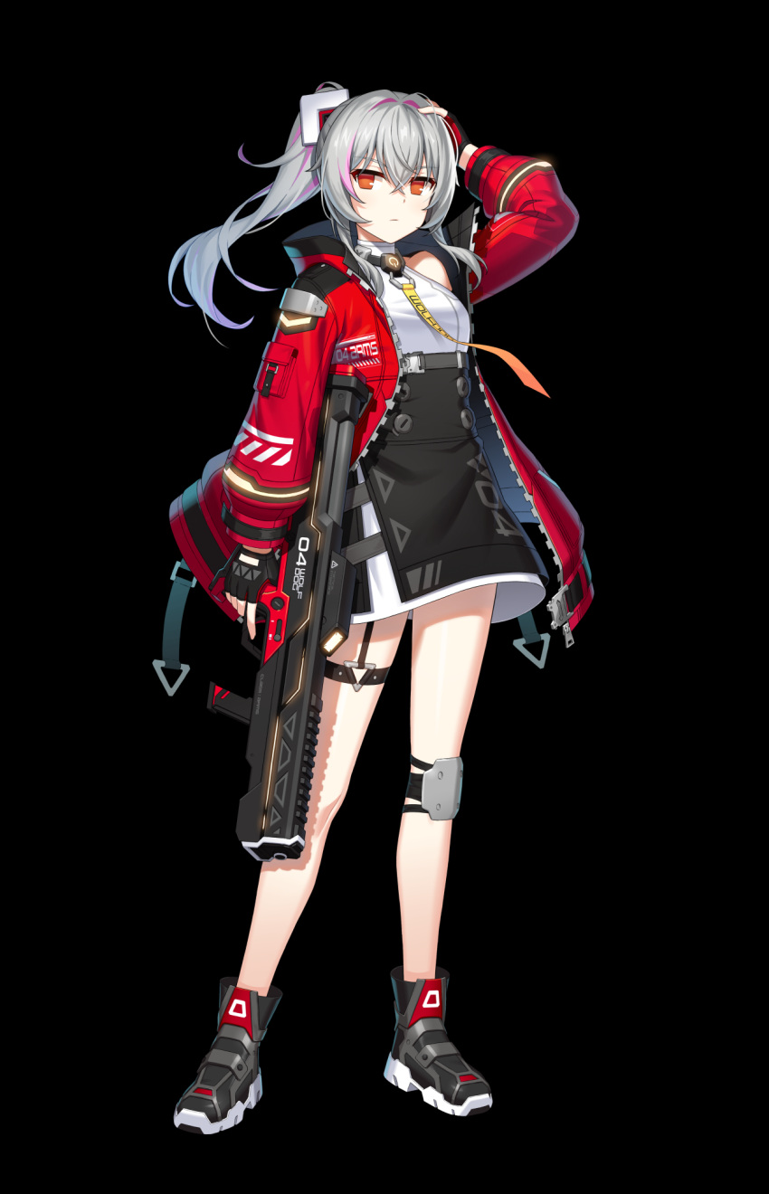 1girl arm_up black_footwear black_gloves closed_mouth closers dress fingerless_gloves gloves grey_hair gun highres holding holding_gun holding_weapon jacket knee_pads legs long_hair long_sleeves looking_at_viewer non-web_source official_art open_clothes open_jacket ponytail red_eyes red_jacket shoes short_dress single_knee_pad sleeveless sleeveless_dress solo thigh_strap tina_(closers) weapon white_dress