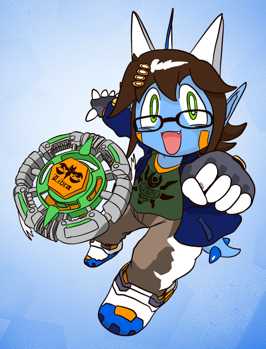 absurd_res accessory action_pose anthro armwear beyblade biped blue_background blue_body bottomwear clothing comic different_artstyle dragon facial_markings fanged_dragon fin footwear gloves green_eyes gunma747j gunma_(gunma747j) hail-fanged_dragon hair_accessory hairclip handwear head_fin head_horn head_markings hi_res horn hyogaryu libra_(symbol) looking_at_viewer male manga markings open_mouth open_smile pants pattern_background pose shaded shirt shoes simple_background smile sneakers solo t-shirt topwear zodiac_sign