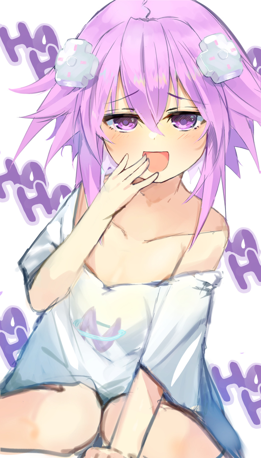 1girl :d absurdres bimmy blush collarbone commentary crossed_bangs d-pad d-pad_hair_ornament english_commentary feet_out_of_frame flat_chest hair_between_eyes hair_ornament half-closed_eyes hand_to_own_mouth highres kneeling laughing looking_at_viewer neptune_(neptune_series) neptune_(series) no_bra off_shoulder open_mouth pink_eyes pink_hair print_shirt shirt short_hair sitting smile solo straight-on wariza