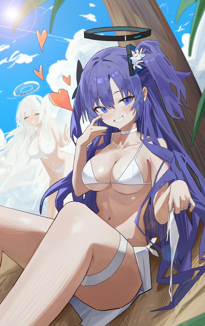 2girls ^_^ absurdres bikini bikini_bottom_removed blue_archive blue_eyes blush breasts choker cleavage closed_eyes collarbone feet_out_of_frame grey_hair halo heart highres long_hair looking_at_viewer medium_breasts multiple_girls navel noa_(blue_archive) outdoors purple_eyes renn_01 sitting smile solo_focus stomach sunlight swimsuit thigh_strap two_side_up very_long_hair white_bikini white_choker yuuka_(blue_archive)