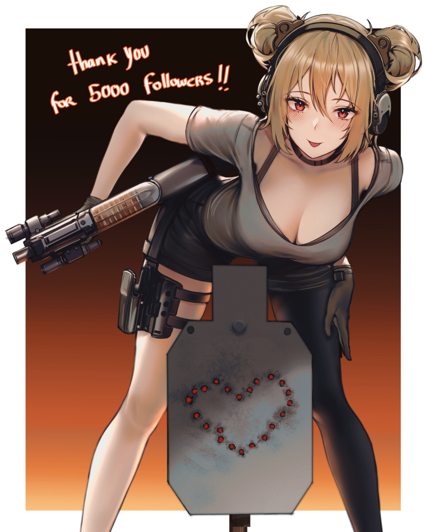 1girl asymmetrical_legwear black_background black_pantyhose black_shorts blonde_hair border breasts bullet_hole bullpup cleavage english_text girls'_frontline gradient_background grey_shirt gun heart highres kitsune_udon_(ai_br) leaning_forward orange_background p90 p90_(girls'_frontline) pantyhose red_eyes shirt shorts silhouette_target smile solo submachine_gun tongue tongue_out weapon white_border