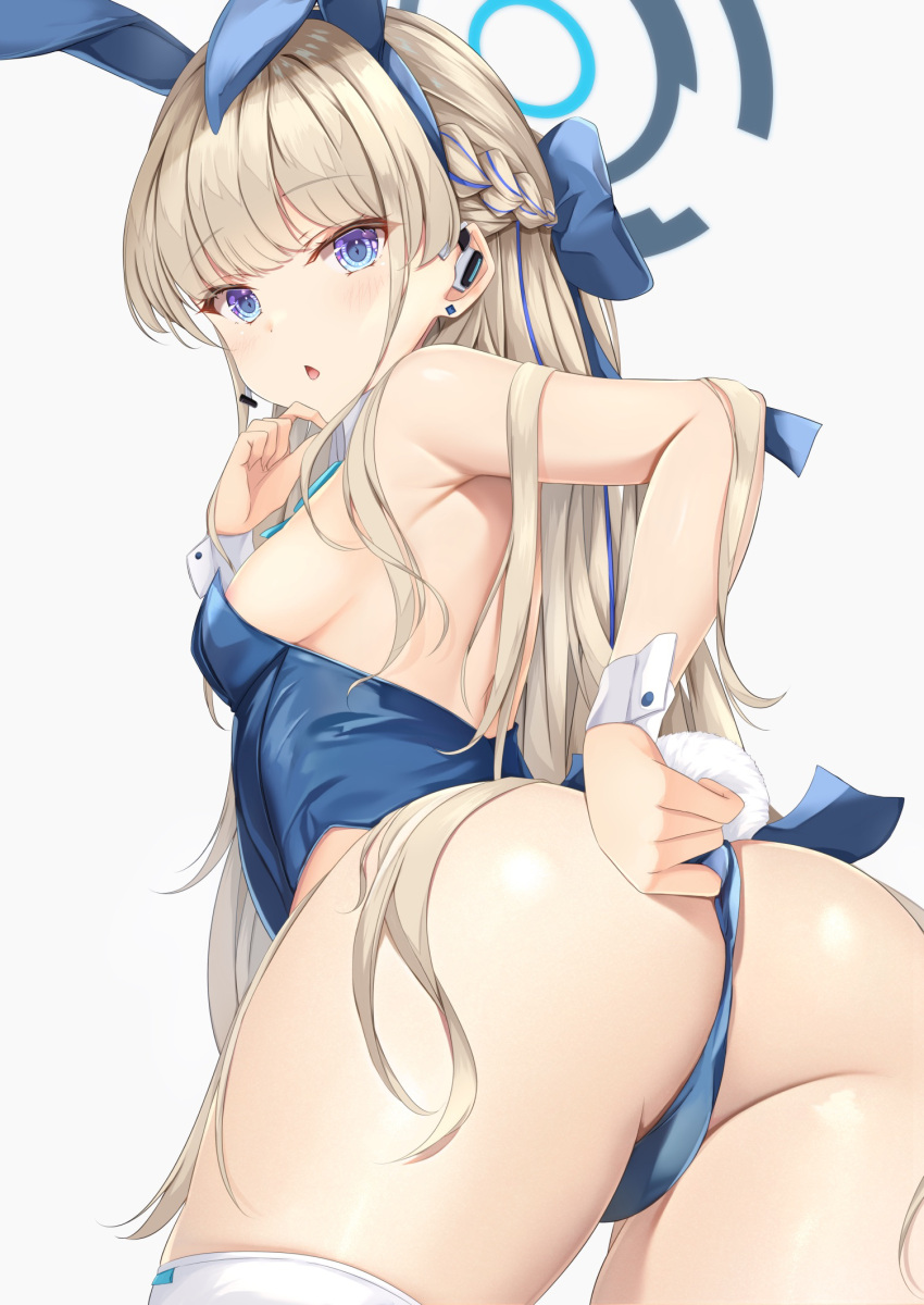 1girl adjusting_clothes adjusting_leotard animal_ears ass back blonde_hair blue_archive blue_bow blue_eyes blue_hairband blue_leotard blue_ribbon blush bow braid breasts chestnut_mouth cowboy_shot earrings fake_animal_ears from_behind hair_bow hair_flowing_over hair_ribbon hairband half_updo halo highres jewelry leotard long_hair looking_at_viewer looking_back multicolored_hair official_alternate_costume open_mouth playboy_bunny rabbit_ears rabbit_tail ribbon rumiko_(rmeco) shiny_skin sideboob solo streaked_hair tail thighhighs toki_(blue_archive) toki_(bunny)_(blue_archive) very_long_hair wedgie white_thighhighs wrist_cuffs