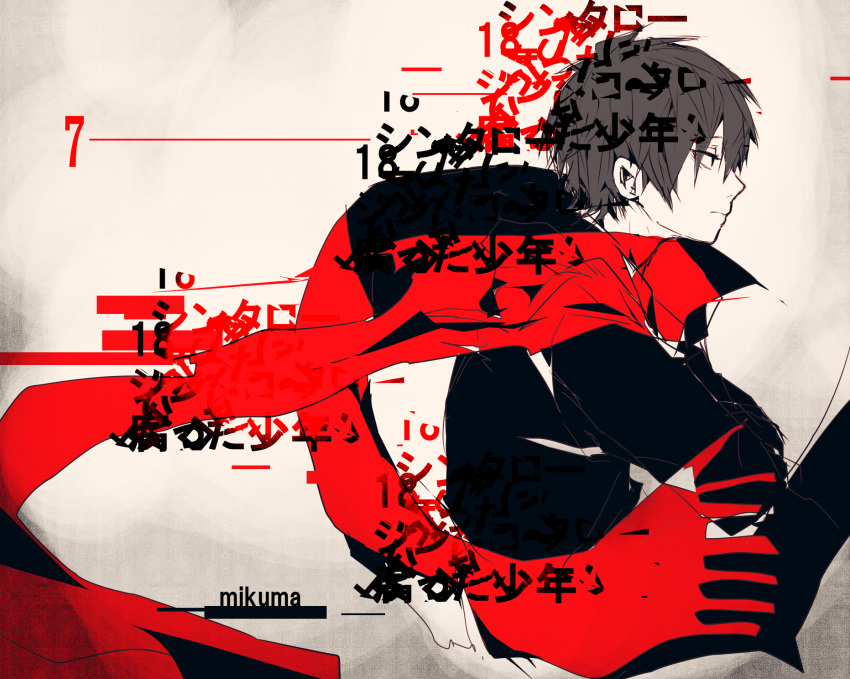 1boy 3kuma artist_name black_eyes black_pants black_shirt character_age character_name closed_mouth colored_text commentary double_exposure expressionless feet_out_of_frame floating_scarf fringe_trim from_side gradient_background grey_background grey_hair hands_on_own_neck highres kagerou_project kisaragi_shintarou limited_palette long_scarf long_sleeves looking_to_the_side male_focus pale_skin pants profile red_scarf scarf shirt sitting solo