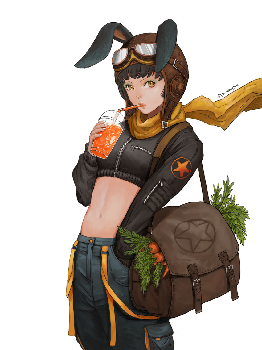 1girl absurdres animal_ears artist_name aviator_cap black_hair brown_eyes brown_headwear carrot cup dew_(7302235) disposable_cup drinking drinking_straw eyeshadow goggles goggles_on_headwear hand_in_pocket highres looking_at_viewer makeup midriff navel original pouch rabbit_ears scarf shorts simple_background solo standing white_background yellow_scarf zipper