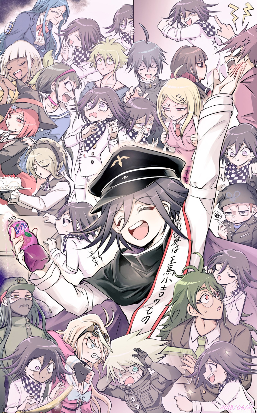 6+boys 6+girls :d ahoge akamatsu_kaede amami_rantaro android anger_vein annoyed antenna_hair arm_up backpack bag black_cape black_hair blonde_hair bottle breasts brown_hair cape chabashira_tenko checkered_clothes checkered_scarf choker clenched_teeth closed_mouth collared_shirt crying crying_with_eyes_open danganronpa_(series) danganronpa_v3:_killing_harmony fanta glasses goggles goggles_on_head gokuhara_gonta green_hair green_headwear hair_between_eyes hair_ornament hair_scrunchie hand_up harukawa_maki hat highres holding holding_bottle holding_cape holding_clothes hoshi_ryoma iruma_miu jacket k1-b0 large_breasts long_hair long_sleeves mask momota_kaito mouth_mask multiple_boys multiple_girls multiple_views musical_note musical_note_hair_ornament oma_kokichi open_mouth peaked_cap pink_cape pink_choker pink_shirt pink_sweater_vest pointing power_armor red_hair red_scrunchie round_eyewear saihara_shuichi scarf scrunchie shachoo_(poco_poco) shinguji_korekiyo shirogane_tsumugi shirt short_hair skirt smile sparkle speech_bubble sweat sweater_vest table tears teeth thumbs_down tojo_kirumi translation_request two-tone_cape upper_body upper_teeth_only v-shaped_eyebrows weapon white_jacket white_shirt yonaga_angie yumeno_himiko