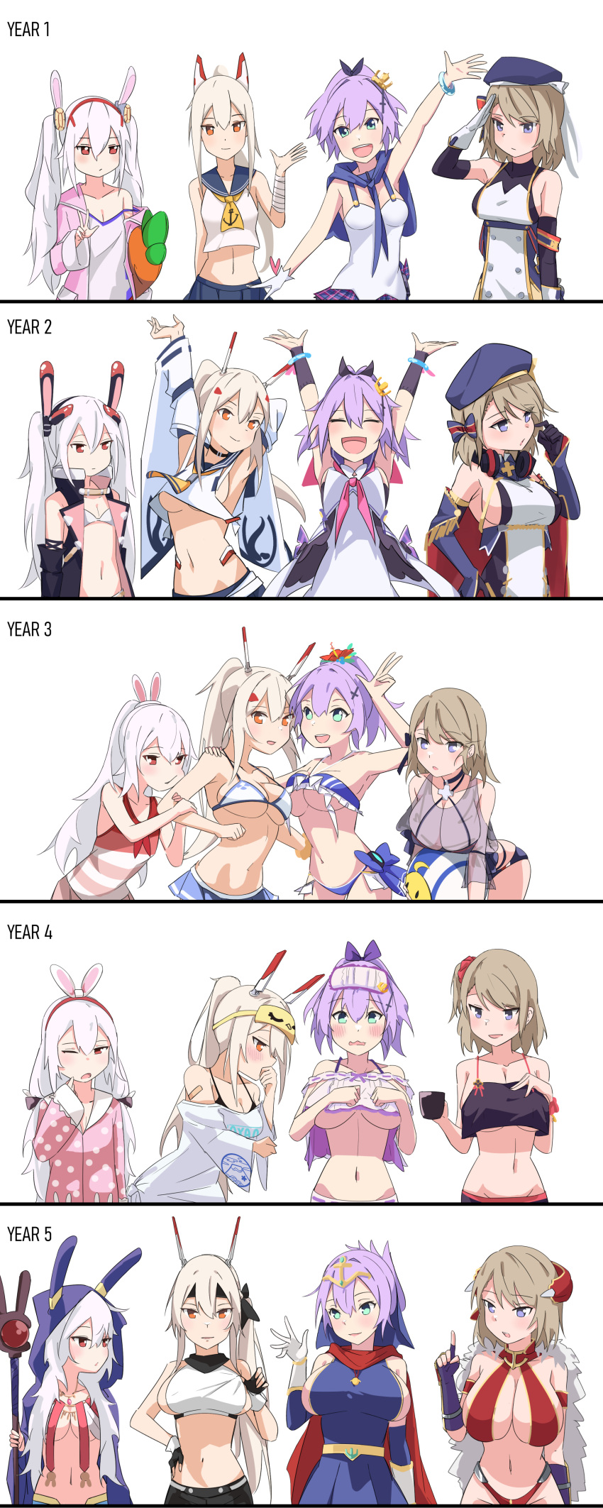 4girls :d absurdres age_progression aged_up alternate_breast_size anchor_symbol animal_ears animal_hood arm_up armor armpits arms_up ascot ayanami_(azur_lane) ayanami_(dynamic_kick!)_(azur_lane) ayanami_(off-duty_battle_station_gear)_(azur_lane) azur_lane ball bare_shoulders beach_volleyball bent_over beret bikini bikini_armor black_bikini black_camisole black_choker black_gloves blue_bikini blue_bow blue_dress blue_eyes blue_robe blue_sailor_collar blue_skirt blush bow bra bra_peek bracelet breast_curtains breast_expansion breast_press breasts buttons camisole cape choker cleavage covering covering_breasts cowboy_shot crop_top cross cross_hair_ornament crown cup detached_sleeves double-breasted dress english_commentary eye_mask fake_animal_ears fingerless_gloves flat_chest flower flying_kick frilled_bikini frills gloves green_eyes hair_between_eyes hair_bow hair_flower hair_ornament hair_scrunchie hairband hand_on_hip hand_on_own_chest hand_to_forehead hand_to_own_mouth hat headgear high_ponytail highleg highleg_bikini highres holding holding_another's_arm holding_ball holding_cup holding_staff holding_toy hood hooded_robe iron_cross jacket javelin_(a_legend_is_born?!)_(azur_lane) javelin_(azur_lane) javelin_(beach_picnic!)_(azur_lane) javelin_(operation:_pillow_fight!)_(azur_lane) jewelry kicking kotalier laffey_(azur_lane) laffey_(sleep_to_clean_another_day)_(azur_lane) laffey_(sleepageddon)_(azur_lane) large_breasts lavender_shorts light_brown_hair long_hair long_sleeves looking_at_viewer loungewear magician martial_arts medium_breasts medium_hair microskirt midriff mini_crown miniskirt multiple_girls navel neckerchief off_shoulder official_alternate_costume one_eye_closed open_clothes open_mouth open_robe orange_eyes pajamas pink_jacket pink_pajamas pink_sailor_collar pink_shirt pleated_skirt polka_dot polka_dot_pajamas ponytail purple_hair rabbit_ears rabbit_hood red_armor red_bikini red_cape red_eyes red_flower red_scrunchie retrofit_(azur_lane) revealing_clothes ribbon-trimmed_shorts ribbon_trim robe sailor_collar school_uniform scrunchie see-through shirt short_hair shorts sidelocks simple_background single_glove skirt sleep_mask sleepwear sleepy sleeveless sleeveless_shirt sleeves_past_wrists small_breasts smile staff stomach striped striped_bow stuffed_carrot stuffed_toy swimsuit taut_clothes taut_dress tilted_headwear toy twintails underboob underwear upper_body very_long_hair white_background white_bikini white_bra white_camisole white_gloves white_hair white_shirt white_sleeves wide_ponytail wrist_guards wrist_scrunchie yellow_ascot yellow_neckerchief z23_(azur_lane) z23_(breezy_doubles)_(azur_lane) z23_(keeper_of_the_comf-fort)_(azur_lane) z23_(upgrade_failure?!)_(azur_lane)