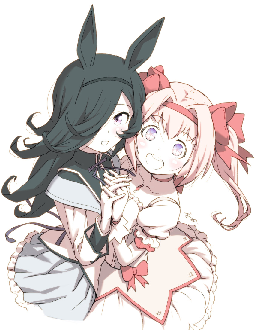 2girls absurdres akemi_homura akemi_homura_(cosplay) animal_ears black_hair bow bowtie breast_press choker cosplay dress flat_chest flower-shaped_pupils gloves grey_skirt hair_over_one_eye hairband haru_urara_(umamusume) highres holding_hands horse_ears interlocked_fingers jacket kaname_madoka kaname_madoka_(cosplay) long_hair long_sleeves looking_at_viewer mahou_shoujo_madoka_magica multiple_girls oono_tsutomu open_mouth pale_color pink_hair purple_eyes rice_shower_(umamusume) short_sleeves signature skirt smile symbol-shaped_pupils symmetrical_docking twintails umamusume white_dress white_gloves white_jacket yuri