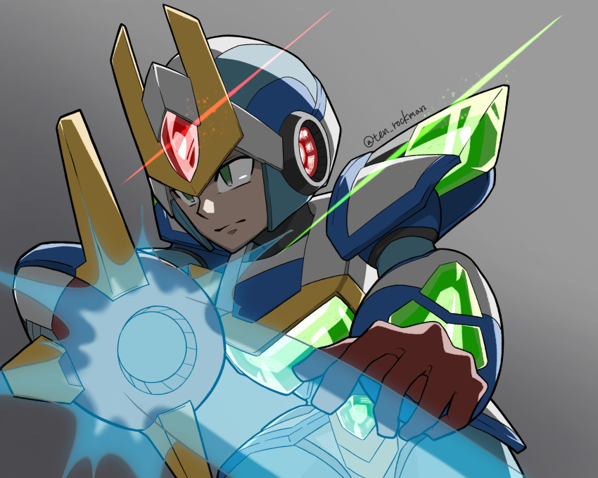 1boy absurdres arm_cannon armor blade_armor_x_(mega_man) blue_armor body_armor bodystocking boots energy_sword fighting_stance forehead_jewel gauntlets gem glint gloves green_eyes helmet highres hip_armor light_frown looking_to_the_side mega_man_(character) mega_man_(series) mega_man_x6 mega_man_x_(series) official_alternate_costume shoulder_armor sword ten_(ten_rockman) weapon x_(mega_man)
