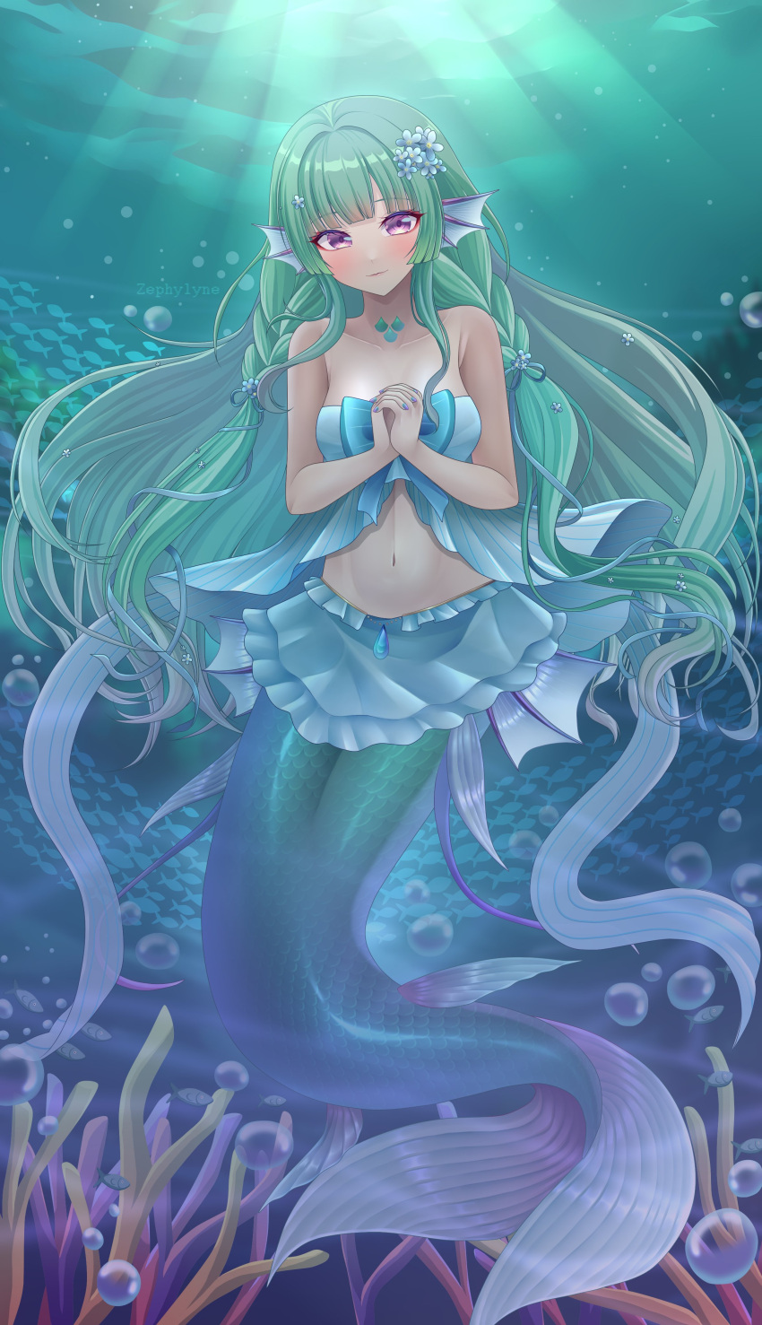 1girl absurdres blue_flower blue_gemstone blue_nails blush bubble finana_ryugu fins flower gem green_hair green_tail hair_flower hair_ornament head_fins highres long_hair mermaid monster_girl nijisanji nijisanji_en own_hands_together purple_eyes solo underwater very_long_hair virtual_youtuber zephylyne