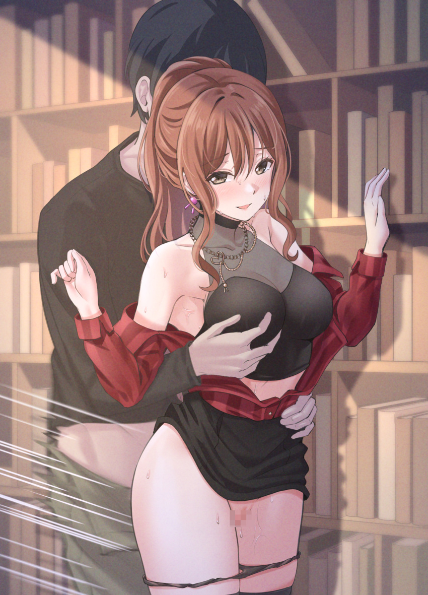 1boy 1girl absurdres animal_ears bang_dream! bare_shoulders black_panties black_shirt black_skirt black_thighhighs book bookshelf breast_grab breasts brown_hair censored chain_necklace clothed_sex clothes_lift clothes_pull collarbone commentary_request covered_face cowboy_shot crop_top grabbing grabbing_from_behind green_pants hair_between_eyes hand_on_another's_stomach hands_up heart heart_necklace hetero highres imai_lisa indoors jewelry large_breasts library long_hair long_sleeves looking_at_viewer midriff miniskirt mosaic_censoring necklace off_shoulder open_pants panties pants pants_pull panty_pull parted_lips partially_unbuttoned ponytail ptal pussy rabbit_ears red_shirt see-through sex sex_from_behind shadow shirt shirt_tucked_in sidelocks skirt skirt_lift sleeveless sleeveless_shirt smile speed_lines standing standing_sex striped striped_shirt sweat thighhighs underwear vertical-striped_shirt vertical_stripes yellow_eyes