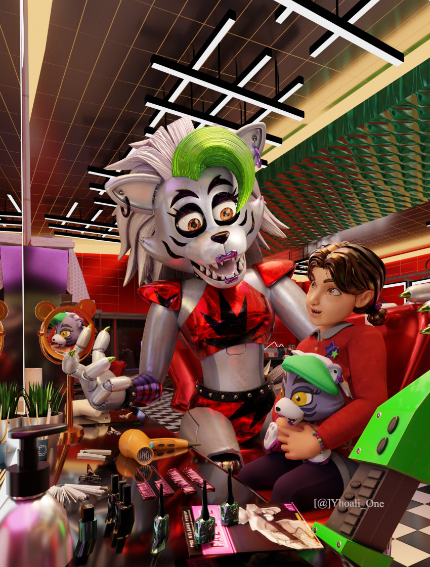 absurd_res animatronic anthro belt bracelet bustersfnaf cassie_(fnaf) chair claws duo ear_piercing fangs female five_nights_at_freddy's five_nights_at_freddy's:_security_breach furniture hi_res holding_object human jewelry looking_at_another machine mammal mirror musical_instrument on_chair open_mouth piercing plushie robot roxanne_wolf_(fnaf) scottgames sitting spiked_belt spiked_bracelet spikes steel_wool_studios teeth yhoali_one