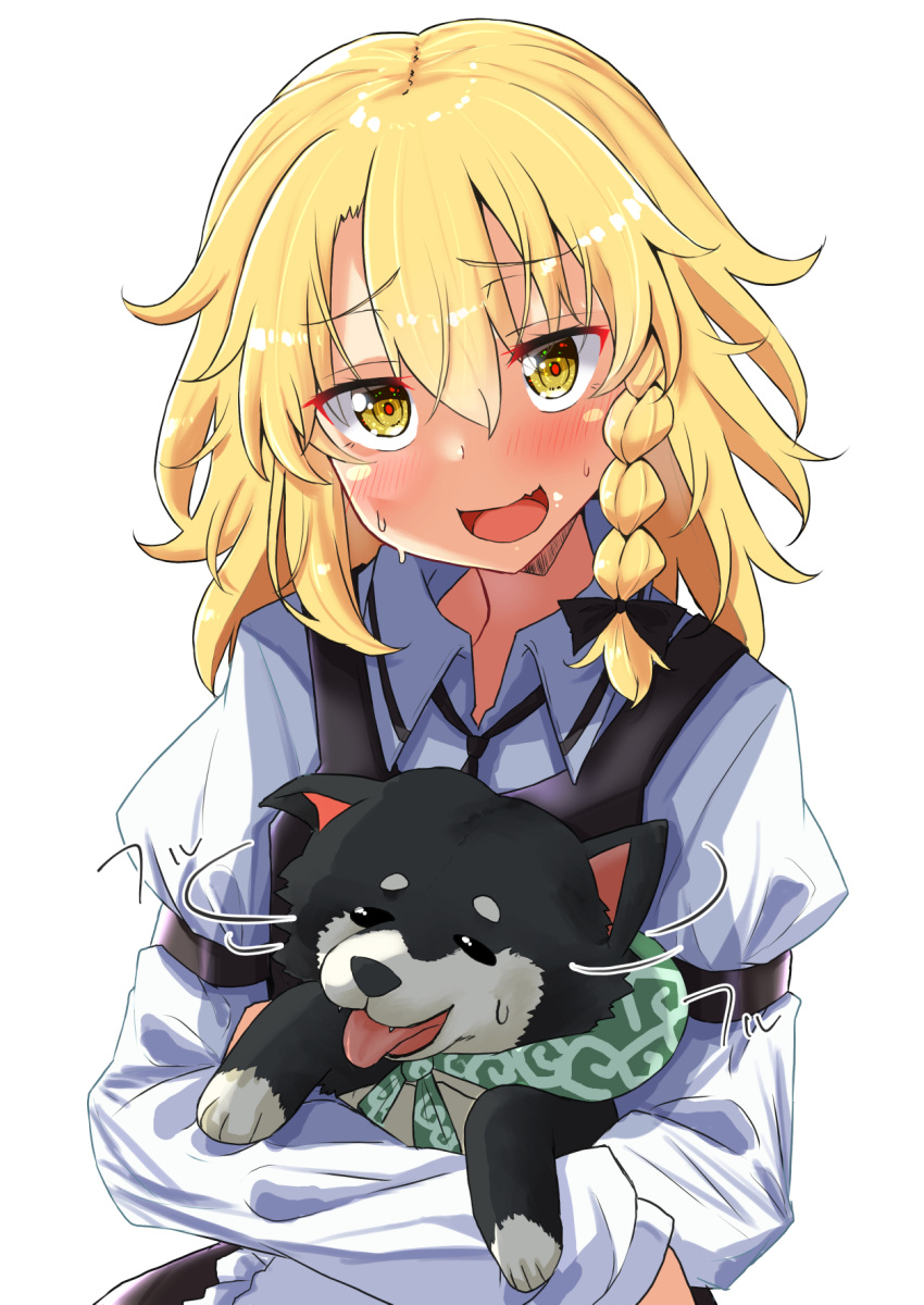 1girl animal blonde_hair blush braid dog hair_between_eyes highres holding holding_animal holding_dog kirisame_marisa long_hair long_sleeves looking_at_viewer mukkushi no_headwear open_mouth shirt simple_background single_braid smile solo touhou upper_body white_background white_shirt