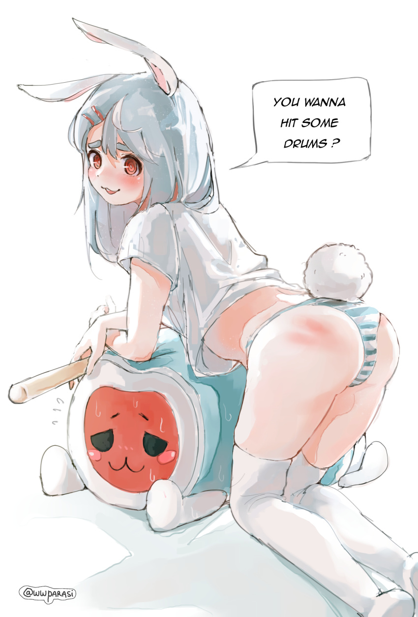 1girl :3 absurdres animal_ears ass bent_over blue_hair blush_stickers crossed_arms dot_nose english_text hair_ornament hairclip highres leaning_on_object light_blue_hair long_hair original panties rabbit_ears rabbit_girl rabbit_tail red_eyes shirt short_sleeves socks speech_bubble striped striped_panties sweat t-shirt taiko_no_tatsujin taiko_sticks tail thick_eyebrows thighhighs twitter_username underwear white_shirt wwparasi