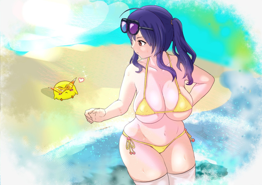 1girl azur_lane bare_arms bare_shoulders beach bikini bird blush breasts chick cleavage closed_mouth collarbone day eyewear_on_head hanging_breasts heart kamina_shades large_breasts long_hair looking_at_another looking_back manjuu_(azur_lane) micro_bikini navel official_alternate_costume outdoors partially_submerged plump pola_(azur_lane) pola_(seaside_coincidence)_(azur_lane) purple_hair red_eyes sand shiny_skin side-tie_bikini_bottom simple_background skindentation snowbox sparkle sparkle_background stomach string_bikini sunglasses sunlight swimsuit thick_thighs thighhighs thighs twintails underboob v-shaped_eyebrows water water_drop wet white_thighhighs wide_hips yellow_bikini