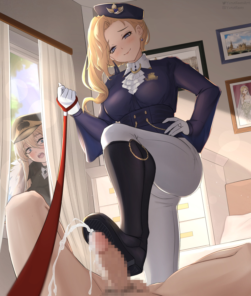 1boy 2girls absurdres ascot azur_lane bed bedroom bismarck_(azur_lane) bismarck_zwei_(azur_lane) black_cape black_footwear blonde_hair blue_eyes blue_headwear blush bootjob boots breasts cape censored commission cross cum curtains earrings ejaculation femdom flower footjob frilled_ascot frills from_below gloves hat hat_flower highres holding holding_leash hood_(azur_lane) hood_(gentlewoman_and_stallion)_(azur_lane) hood_(rosey_love_poem)_(azur_lane) indoors iron_cross jacket jewelry knee_boots large_breasts leash long_hair long_sleeves military_hat military_uniform mosaic_censoring multiple_girls official_alternate_costume pants pants_tucked_in peaked_cap peeking penis portrait pov riding_boots riding_outfit ring royal_navy_emblem_(azur_lane) shirt shoe_soles shoejob smirk surprised tilted_headwear uniform upper_body viewer_on_leash wedding_ring white_ascot white_gloves white_horse white_pants white_shirt window yunareas