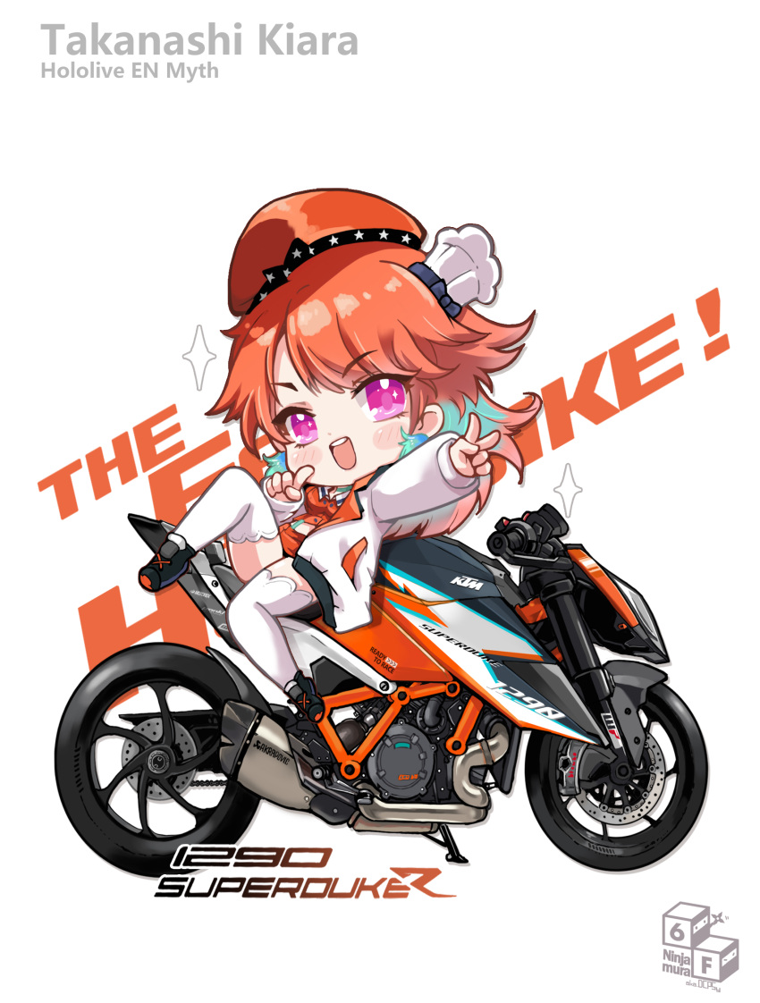 1girl absurdres beret blush character_name chef_hat chibi commentary copyright_name earrings english_text feather_earrings feathers finger_to_mouth gradient_hair hat highres hololive hololive_english jacket jewelry ktm_1290_superduke ktm_ag long_hair looking_at_viewer motor_vehicle motorcycle multicolored_hair multiple_hats on_motorcycle open_mouth orange_hair pink_eyes reclining sitting sitting_backwards sparkle takanashi_kiara takanashi_kiara_(1st_costume) thighhighs v virtual_youtuber white_background white_jacket white_thighhighs yoyoko707