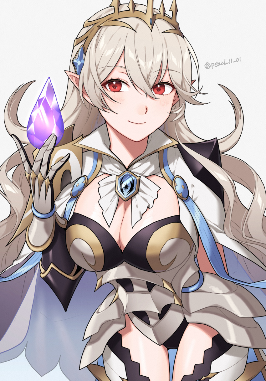 1girl breasts brooch cape cleavage commentary_request corrin_(female)_(fire_emblem) corrin_(fire_emblem) cowboy_shot crown dragonstone fire_emblem fire_emblem_fates grey_background grey_hair highres jewelry large_breasts long_hair peach11_01 pointy_ears red_eyes simple_background solo standing thighs very_long_hair white_cape