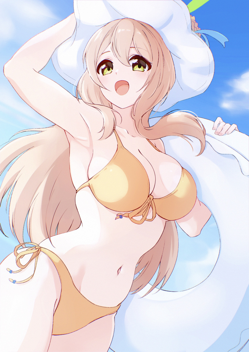 absurdres armpits bikini blonde_hair blue_archive blue_sky breasts cleavage cloud commentary_request cowboy_shot front-tie_bikini_top front-tie_top green_eyes green_halo halo hat hat_tug highres innertube large_breasts long_hair mtoan navel nonomi_(blue_archive) nonomi_(swimsuit)_(blue_archive) official_alternate_costume open_mouth side-tie_bikini_bottom sky smile sun_hat swimsuit white_headwear white_innertube yellow_bikini