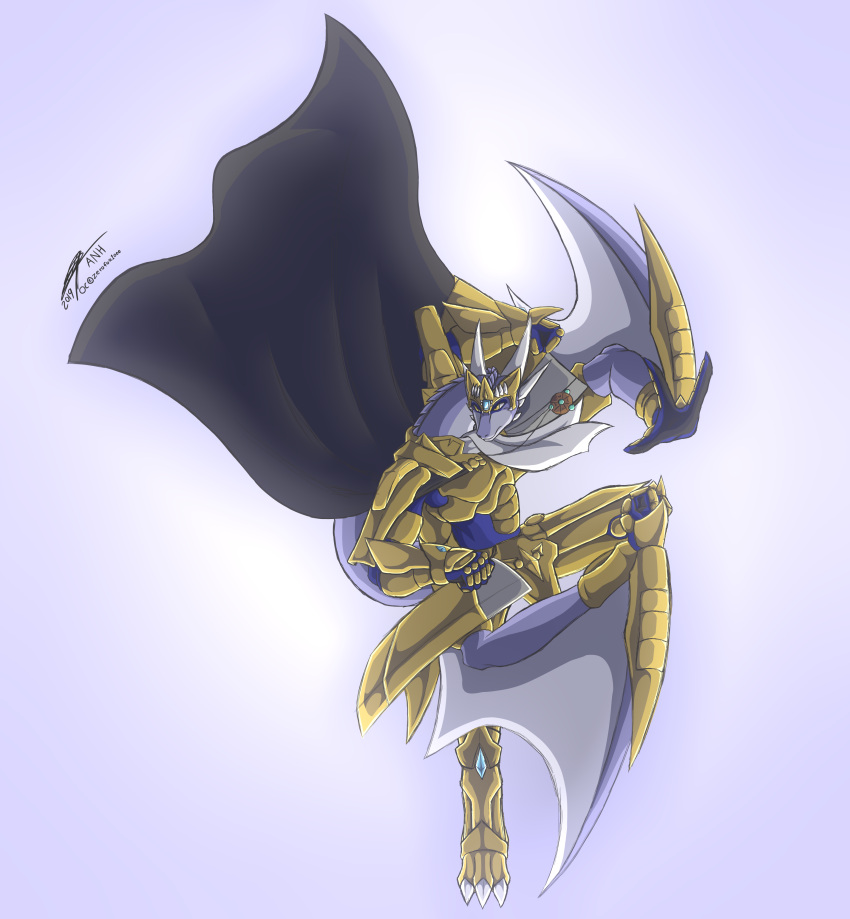 2019 absurd_res anthonynothere anthro armor biped cape clothing colored crown dragon drake_(zerofox) headgear hi_res horn king male prehensile_wings purple_body purple_scales purple_wings royalty scales scalie signature solo symbol text western_dragon wings yellow_armor