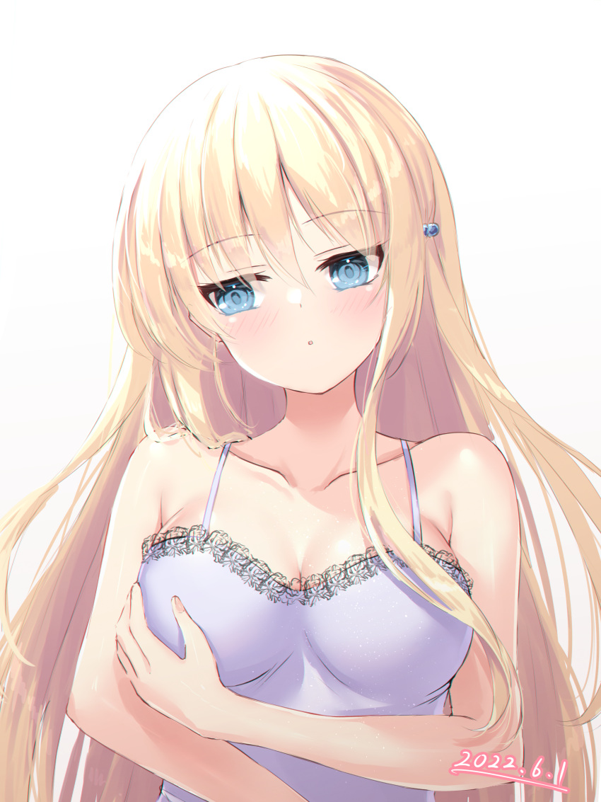 1girl 2022 absurdres arm_under_breasts armpit_crease bare_arms blonde_hair blue_eyes blue_shirt blush breast_hold breasts camisole chief_(sakura_no_kumo) cleavage collarbone commentary_request dated eyelashes eyes_visible_through_hair fingernails frilled_camisole frills hair_between_eyes hair_bobbles hair_ornament hair_over_shoulder head_tilt highres jitome large_breasts long_hair looking_down ncontrail_(mgax7527) parted_lips purple_camisole sakura_no_kumo_scarlet_no_koi shiny_skin shirt sidelocks simple_background solo upper_body very_long_hair white_background