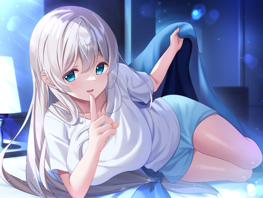 1girl absurdres bed bed_sheet bedroom blanket blue_eyes blue_shorts collarbone finger_to_mouth grey_hair hair_between_eyes hair_ribbon highres index_finger_raised indoors lens_flare long_hair looking_at_viewer lying night non-web_source on_bed on_side open_mouth original ribbon shimofuri_takenoko shirt short_shorts shorts sidelocks smile solo t-shirt thighs very_long_hair white_shirt