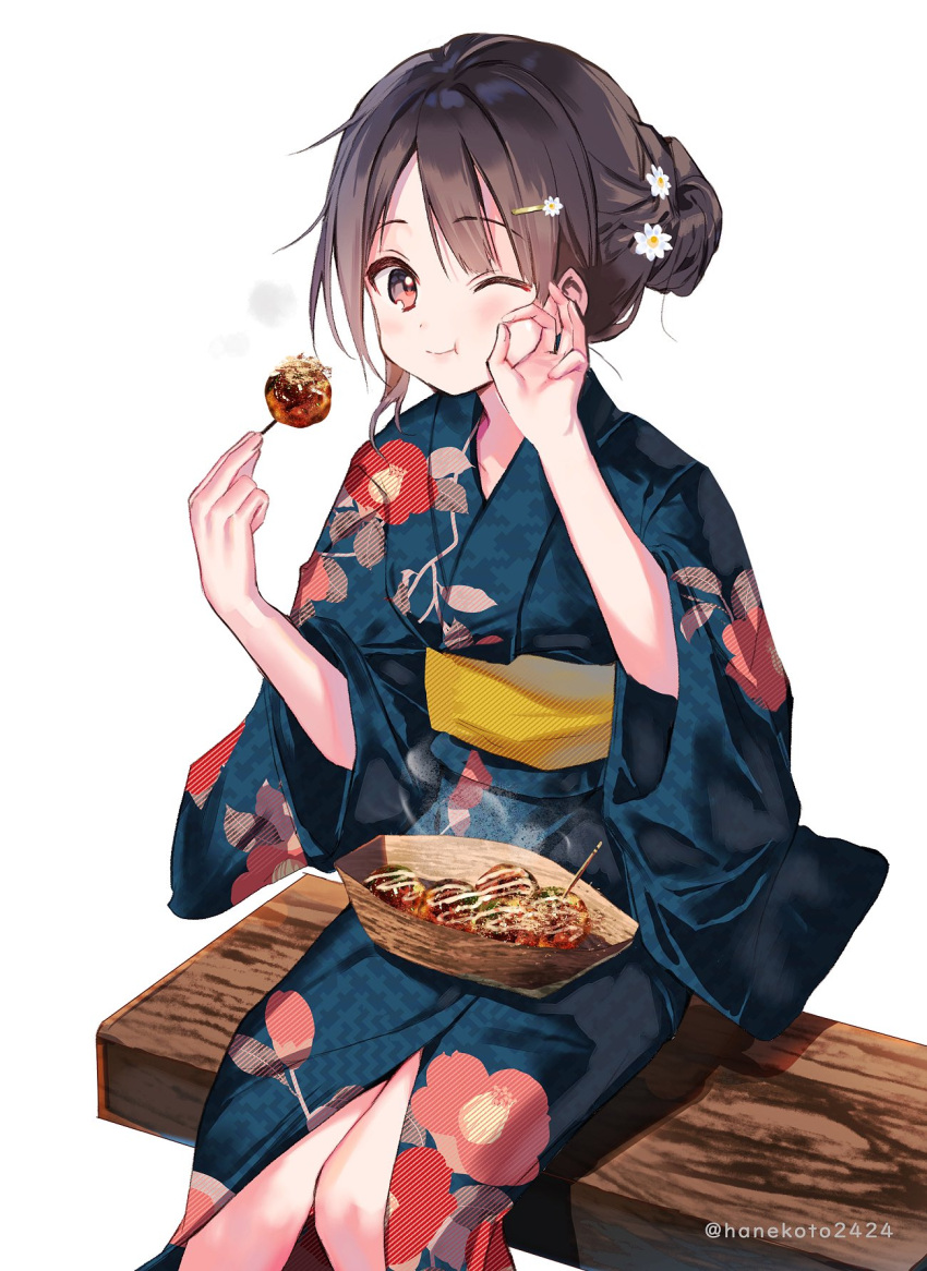 1girl arms_up bench black_hair blue_kimono blush closed_mouth eating flower food hair_bun hair_flower hair_ornament hairpin hanekoto highres holding holding_food japanese_clothes kimono knees looking_at_viewer ok_sign one_eye_closed original print_kimono red_eyes sash short_hair simple_background sitting sitting_on_bench smile solo steam takoyaki twitter_username white_background wide_sleeves wooden_bench yellow_sash yukata