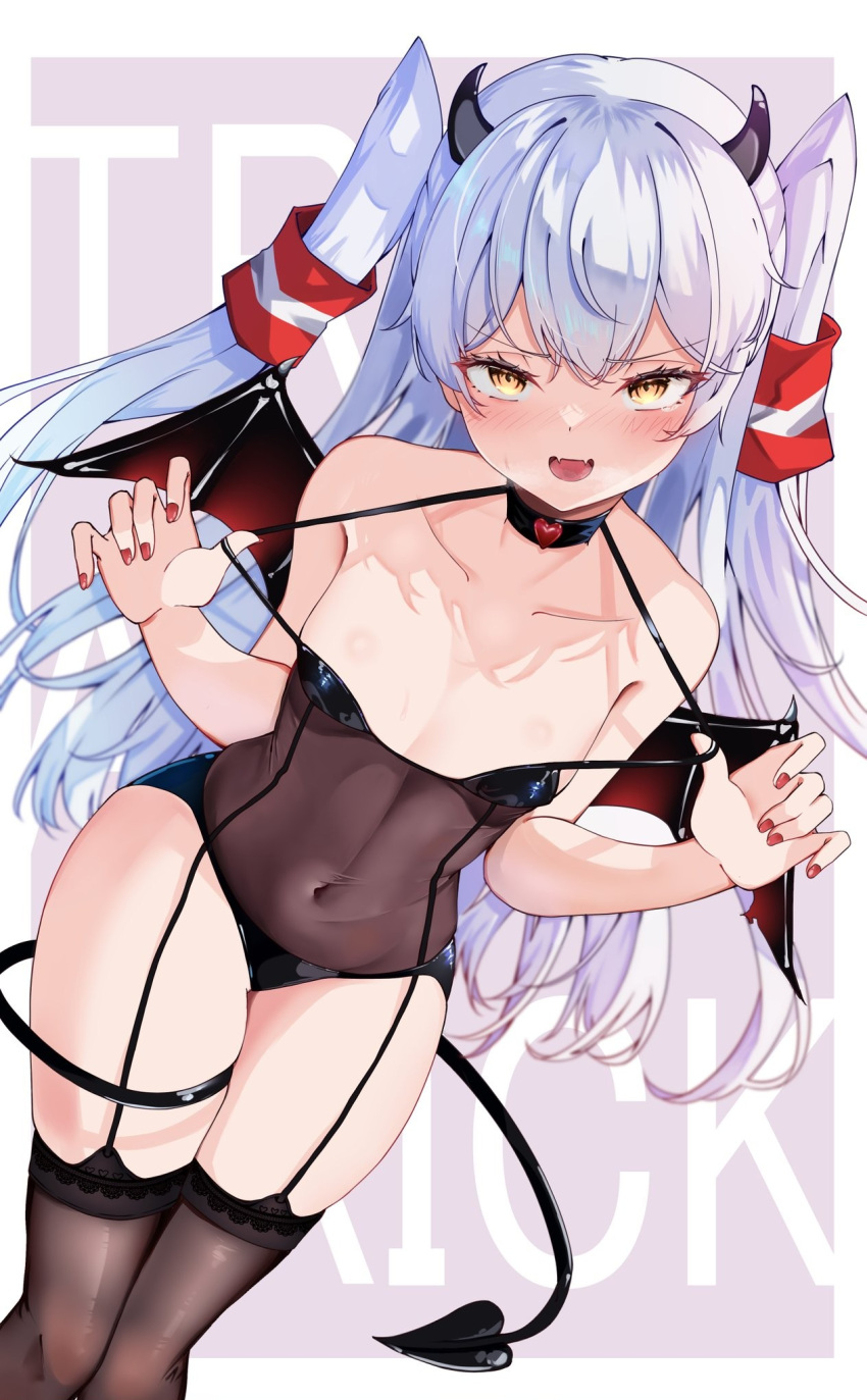 1girl amatsukaze_(kancolle) bare_arms bare_shoulders black_horns black_leotard black_tail black_thighhighs black_wings blush breasts calin cleavage covered_navel demon_horns demon_tail demon_wings fangs garter_straps hair_tubes highres horns kantai_collection lace-trimmed_thighhighs leotard long_hair looking_at_viewer nail_polish open_mouth red_nails small_breasts solo strap_pull tail thighhighs thighs two_side_up white_hair wings yellow_eyes