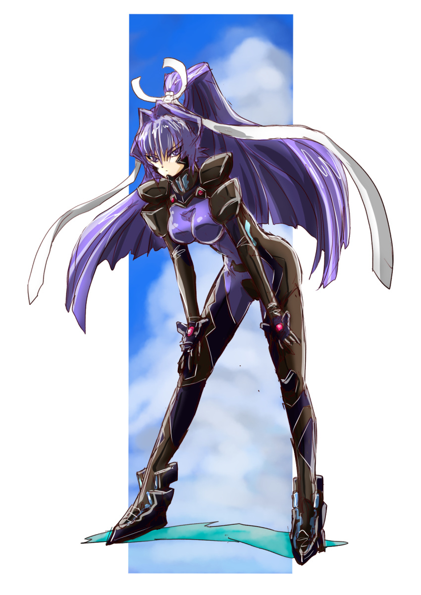 1girl black_footwear black_gloves boots breasts cloud floating_hair fortified_suit gloves hair_intakes hair_ribbon hands_on_own_thighs highres leaning_forward long_hair looking_at_viewer medium_breasts mitsurugi_meiya muvluv muvluv_alternative pilot_suit ponytail purple_eyes purple_hair ribbon skin_tight sky solo taiga_hiroyuki v-shaped_eyebrows very_long_hair