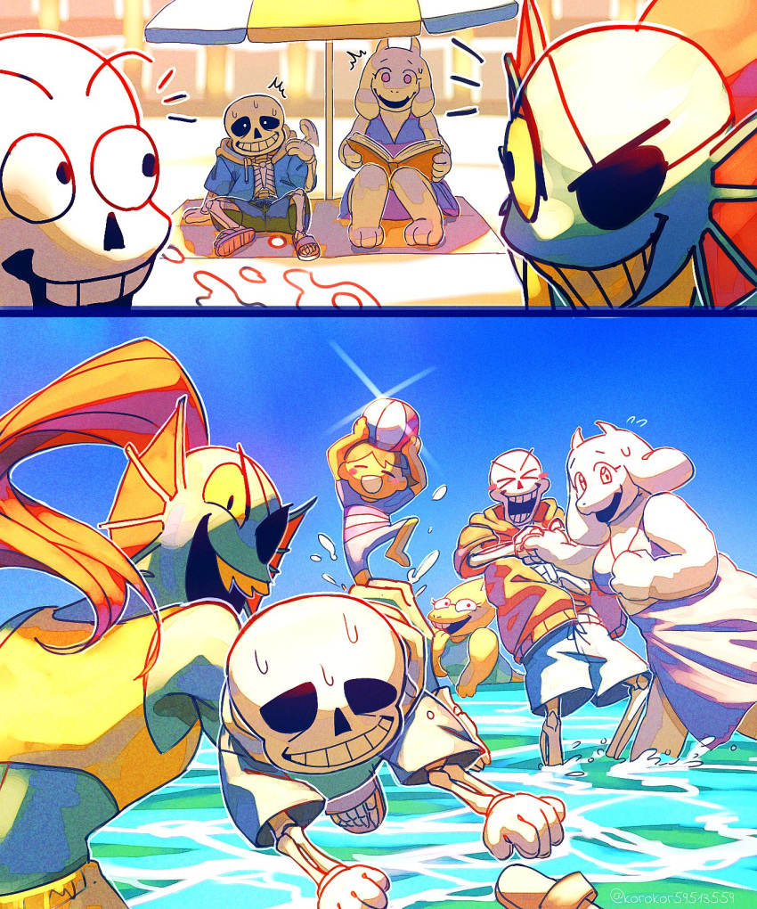 &gt;_&lt; 1other 2boys 3girls alphys ball beach beachball bikini black_shirt blue_jacket book day fins frisk_(undertale) goat_girl goat_horns head_fins highres holding holding_ball holding_book hood hood_down hooded_jacket horns jacket korokor59513559 long_hair looking_at_another monster_girl multiple_boys multiple_girls open_book open_clothes open_jacket open_mouth outdoors papyrus_(undertale) ponytail red_hair red_jacket sans shirt sitting skeleton sky smile swimsuit teeth toriel undertale undyne water yellow_bikini