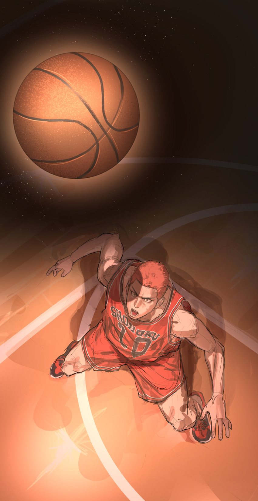 1boy absurdres ball basketball_(object) basketball_court basketball_jersey basketball_uniform bishounen black_eyes buzz_cut catching chamuring full_body highres light_particles looking_up male_focus open_mouth red_footwear red_hair red_shorts red_tank_top sakuragi_hanamichi shoes short_hair shorts slam_dunk_(series) sneakers solo sportswear tank_top toned toned_male very_short_hair