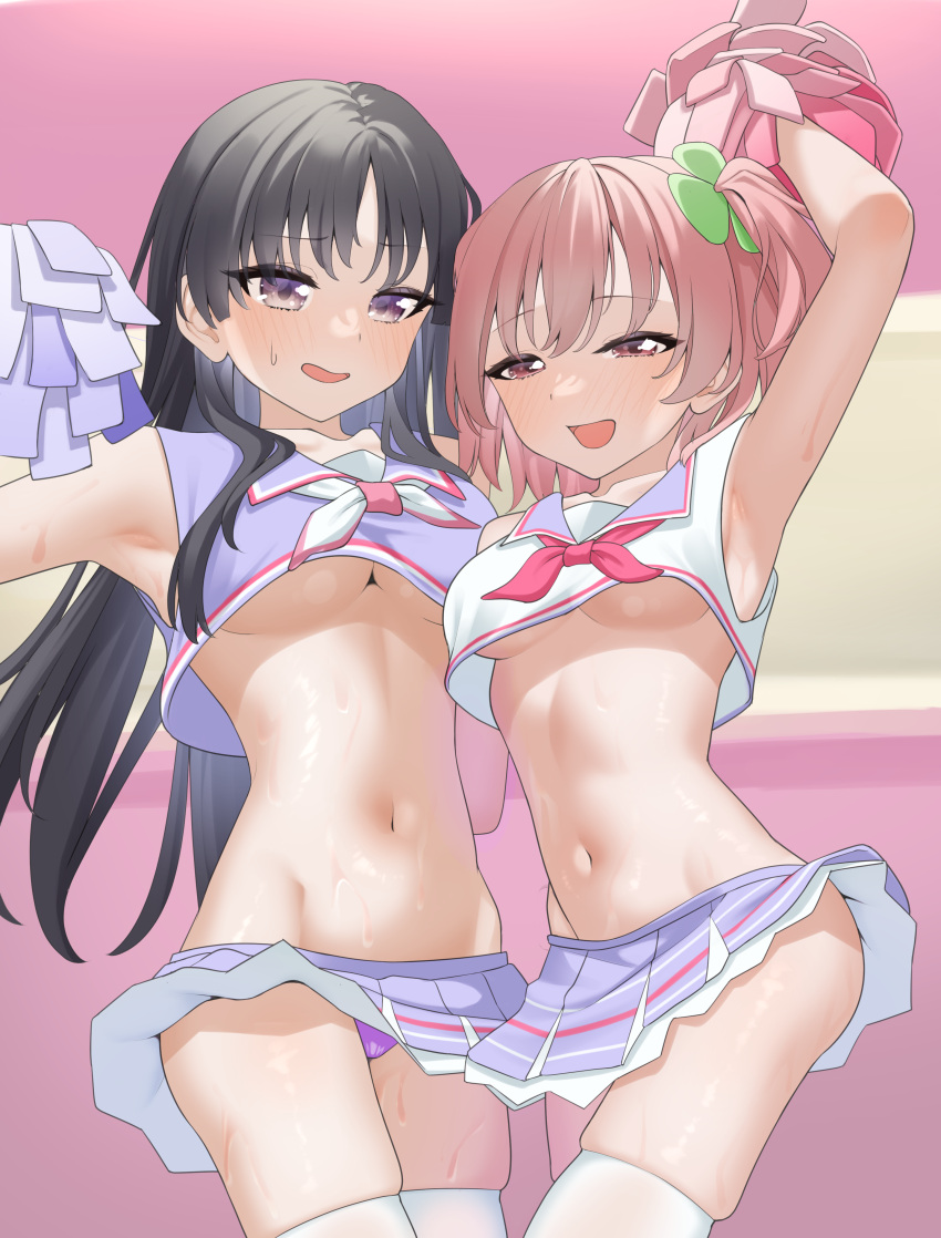2girls absurdres arm_around_waist arm_up armpits assault_lily bare_arms bare_shoulders black_hair blurry blurry_background blush breasts cheerleader clothes_lift clover_hair_ornament collarbone commentary_request cowboy_shot crop_top crop_top_overhang four-leaf_clover_hair_ornament groin hair_ornament half-closed_eyes hand_up highres hitotsuyanagi_riri holding holding_pom_poms indoors long_hair looking_at_viewer medium_breasts midriff miniskirt multiple_girls navel neckerchief official_alternate_costume open_mouth panties parted_lips pink_eyes pink_hair pleated_skirt pom_pom_(cheerleading) purple_panties purple_sailor_collar purple_shirt purple_skirt raised_eyebrows red_neckerchief saetusum sailor_collar shirai_yuyu shirt short_hair side-by-side sidelocks skindentation skirt skirt_lift smile standing stomach sweat thighhighs underboob underwear very_long_hair white_neckerchief white_shirt white_thighhighs