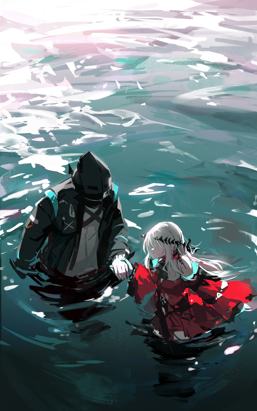 1girl 1other absurdres aqua_gloves arknights black_jacket chinese_commentary commentary_request daier doctor_(arknights) dress faceless faceless_female gloves highres hood hooded_jacket jacket long_hair looking_at_another mask no_headwear ocean partially_submerged red_dress ripples shirt sidelocks skadi_(arknights) skadi_the_corrupting_heart_(arknights) sketch water white_gloves white_hair white_shirt